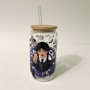 Custom Wednesday Addams Clear Glass Tumbler with Lid and Straw